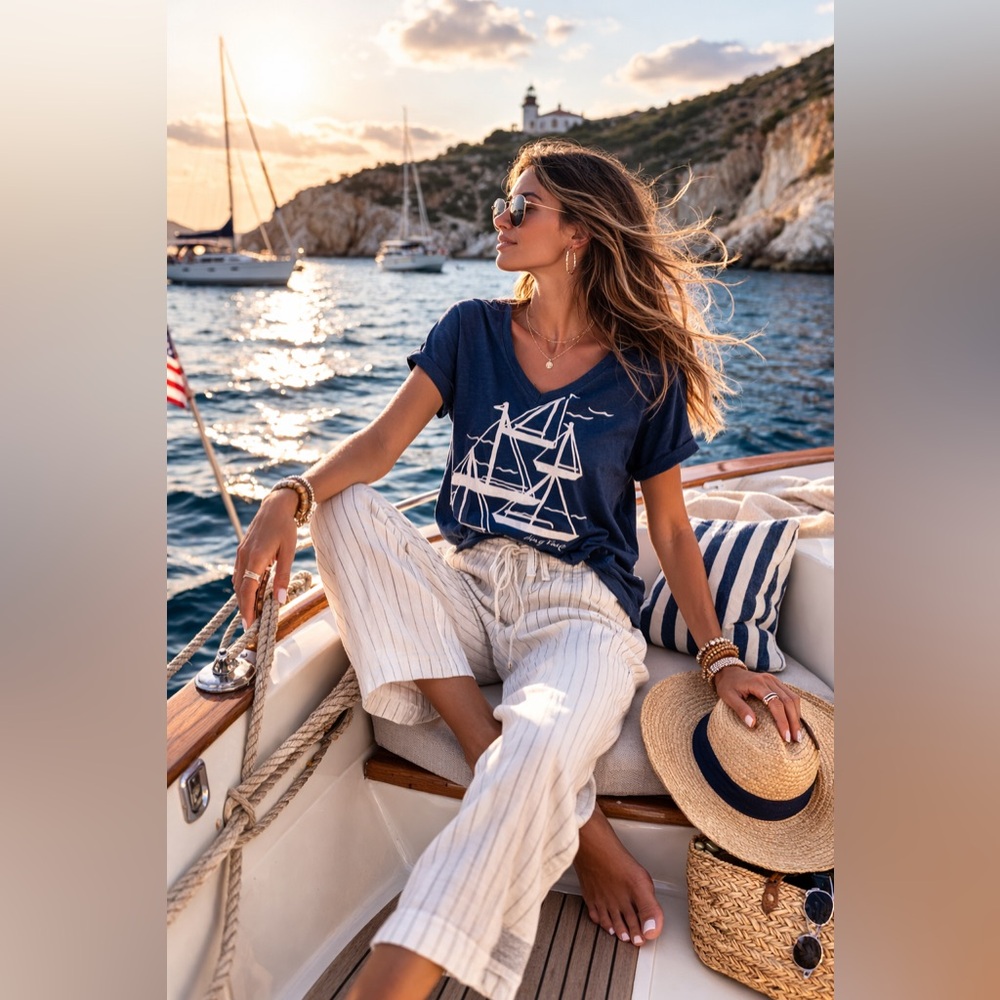 Tommy Hilfiger Sailboat Graphic T-Shirt Nautical Marina Coastal V-Neck Tee Large